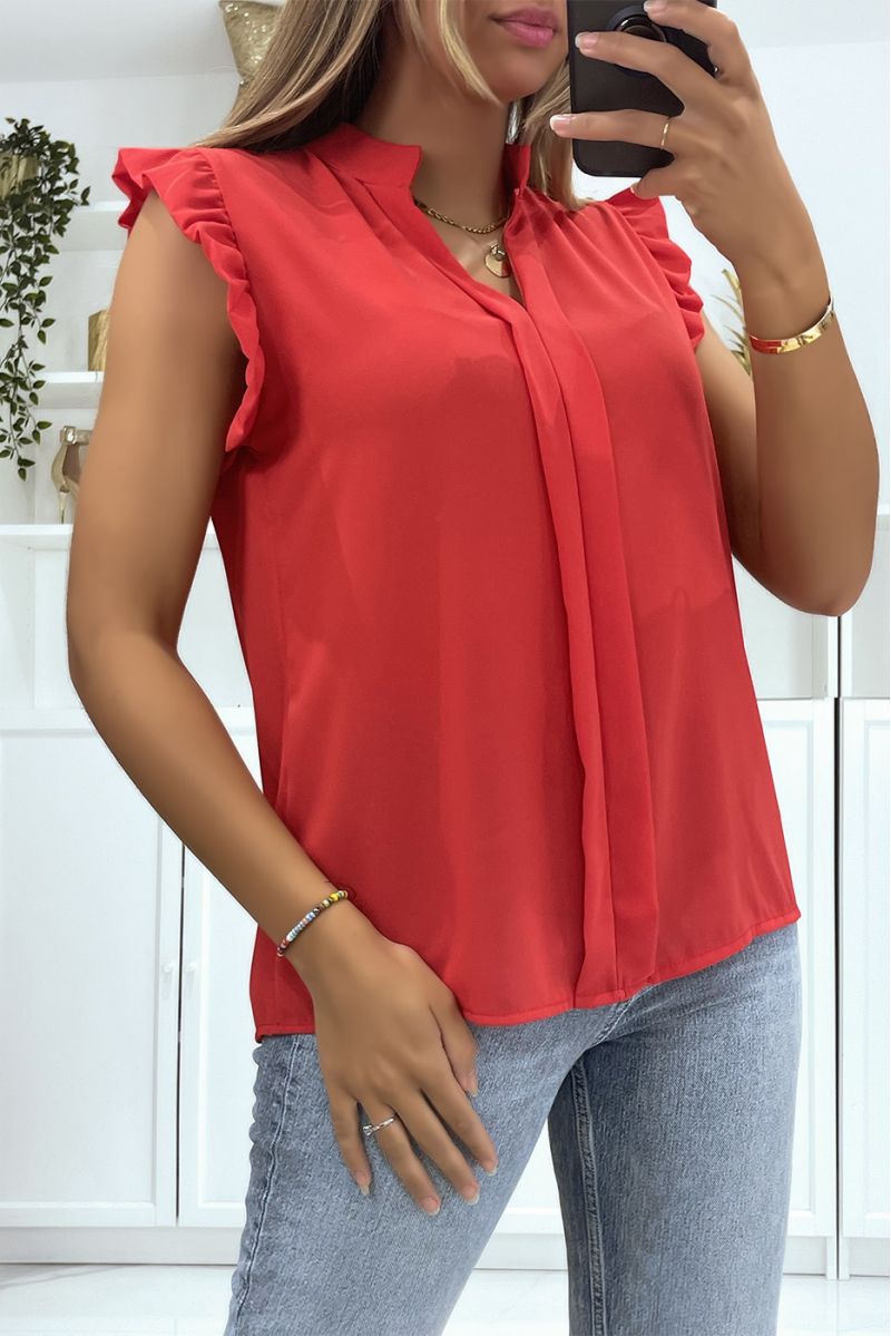Top in transparent red veil with band in the center of the top and V-neck - 1