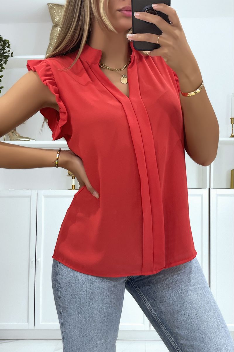 Top in transparent red veil with band in the center of the top and V-neck - 3