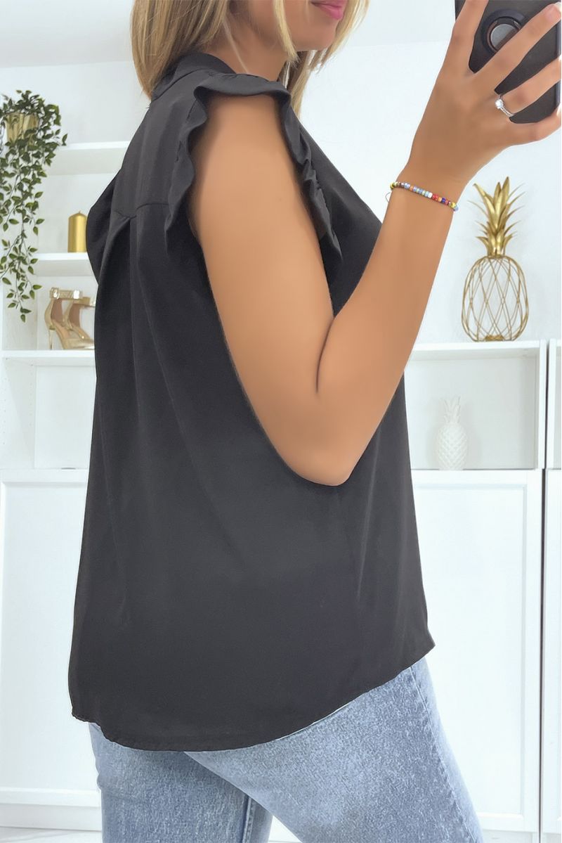 Top in transparent black veil with band in the center of the top and V-neck - 3