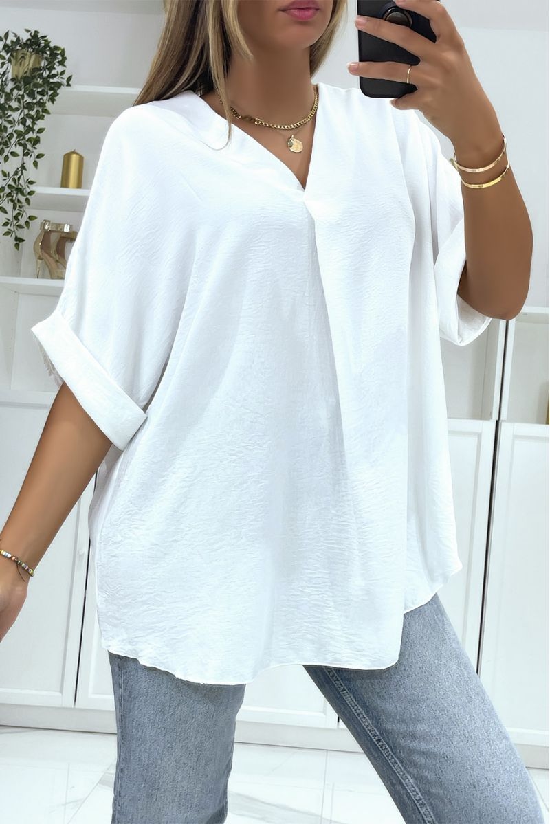 White solid color oversized top with V-neck and batwing effect sleeves - 2