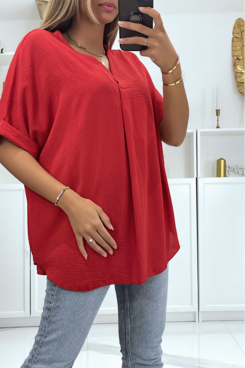 Solid color red oversized top with V-neck and batwing effect sleeves - 1