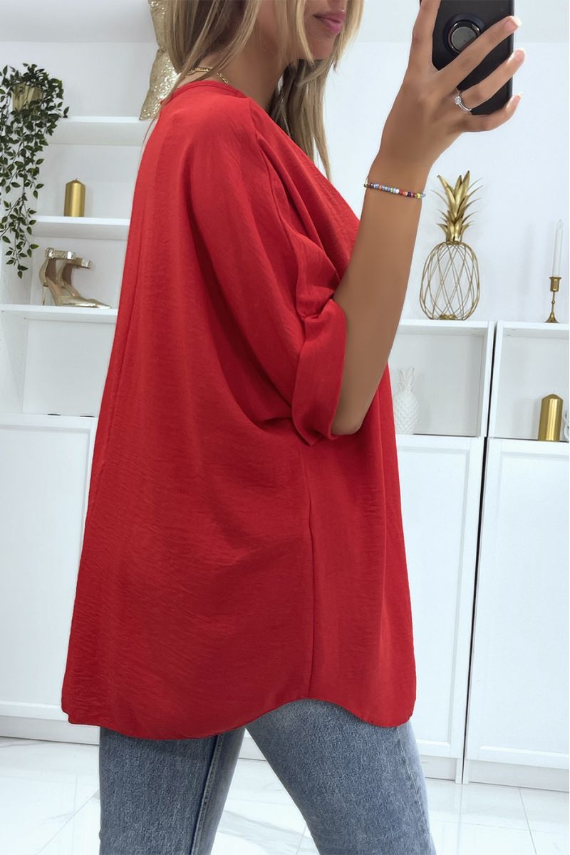 Solid color red oversized top with V-neck and batwing effect sleeves - 3