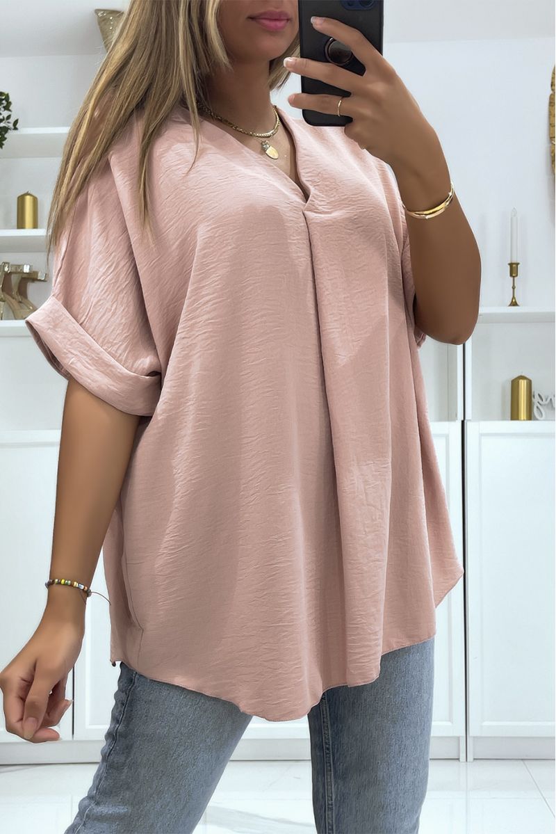 Solid color pink oversized top with V-neck and batwing effect sleeves - 1