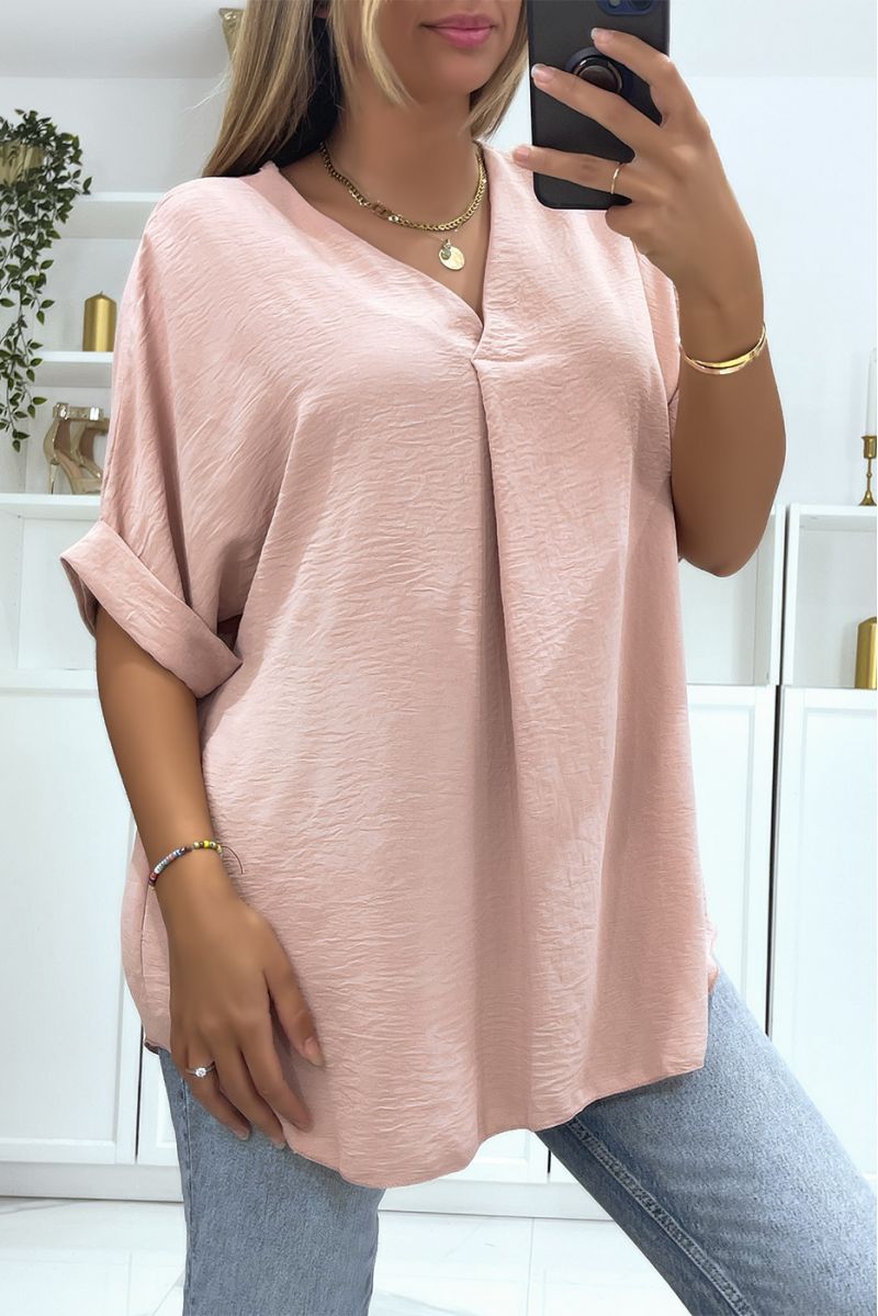 Solid color pink oversized top with V-neck and batwing effect sleeves - 2