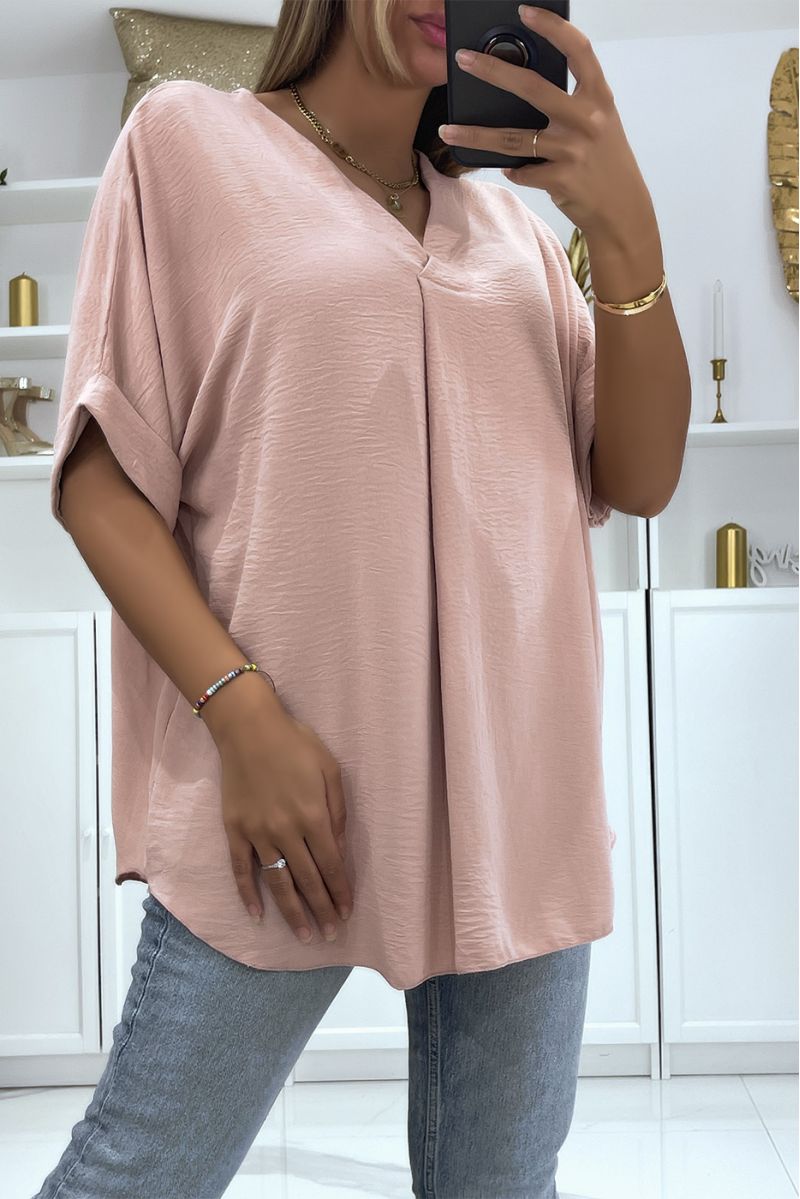 Solid color pink oversized top with V-neck and batwing effect sleeves - 3