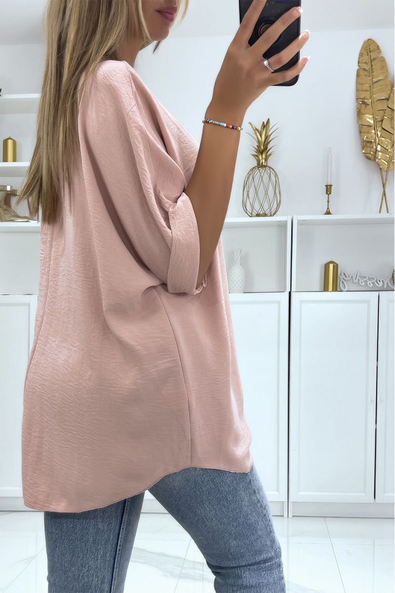 Solid color pink oversized top with V-neck and batwing effect sleeves - 4