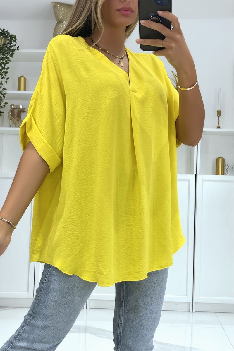 Solid color yellow oversized top V-neck and batwing effect sleeves - 1