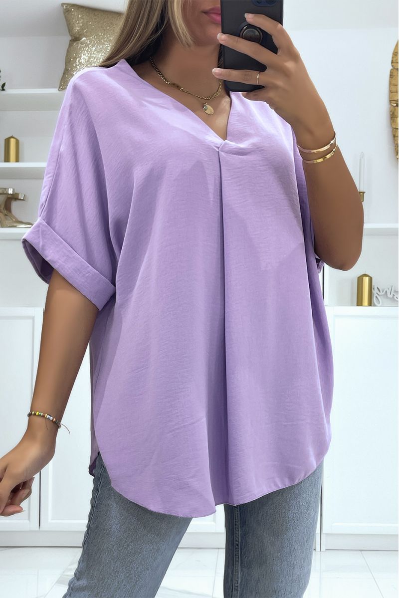 Solid color lilac oversized top V-neck and batwing effect sleeves - 1