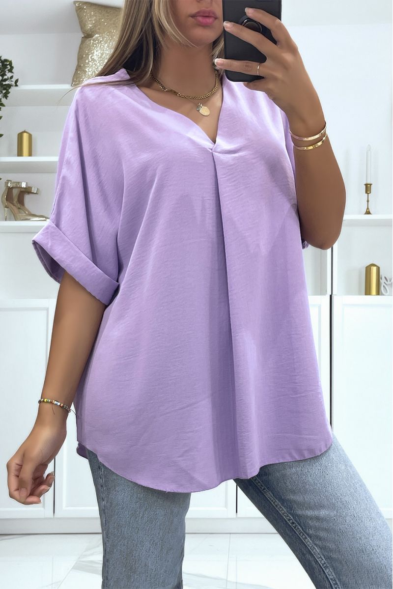 Solid color lilac oversized top V-neck and batwing effect sleeves - 2