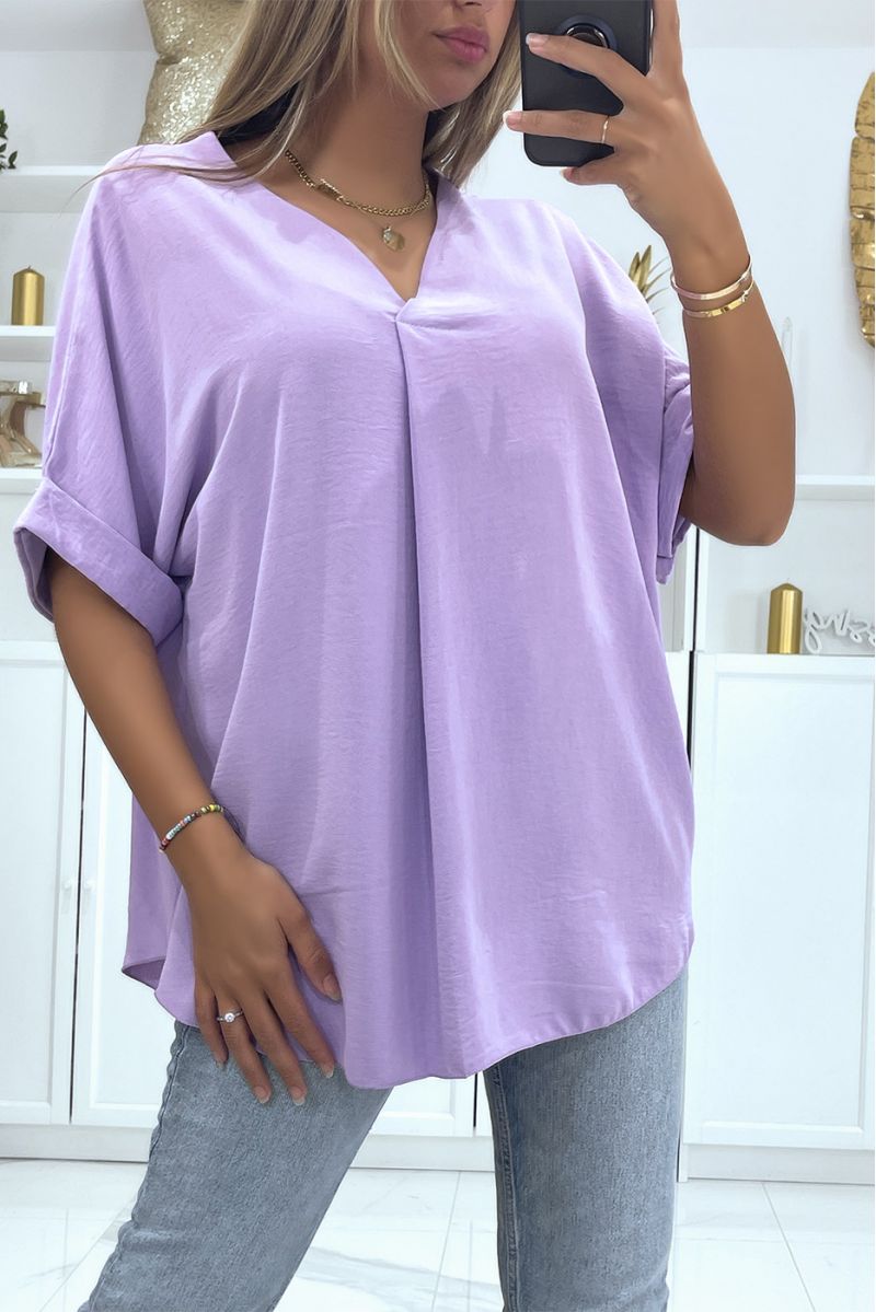 Solid color lilac oversized top V-neck and batwing effect sleeves - 3
