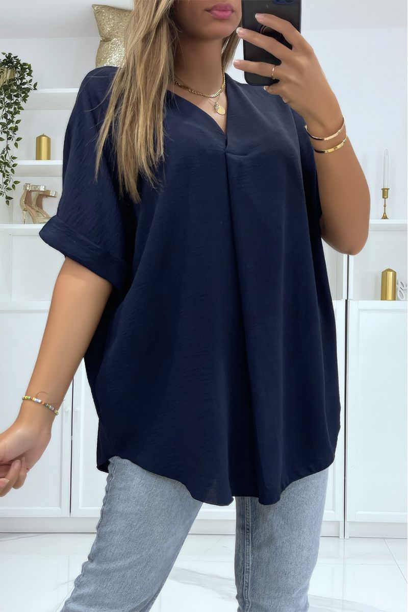 Navy oversized top in solid color with V-neck and batwing effect sleeves - 1