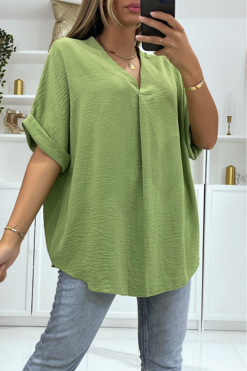 Solid color khaki oversized top with V-neck and batwing effect sleeves - 1
