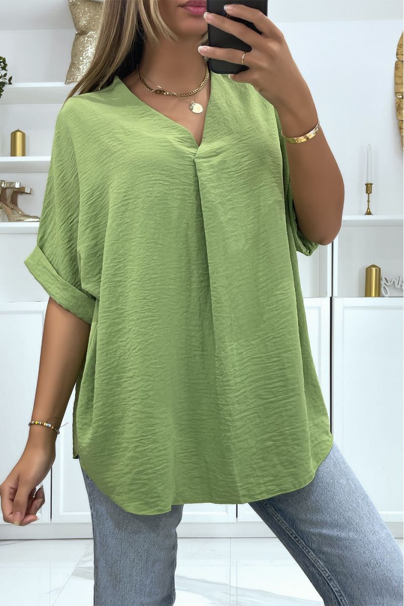 Solid color khaki oversized top with V-neck and batwing effect sleeves - 2