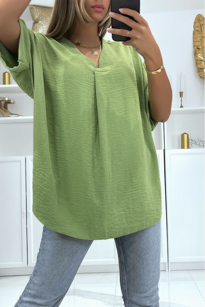 Solid color khaki oversized top with V-neck and batwing effect sleeves - 3