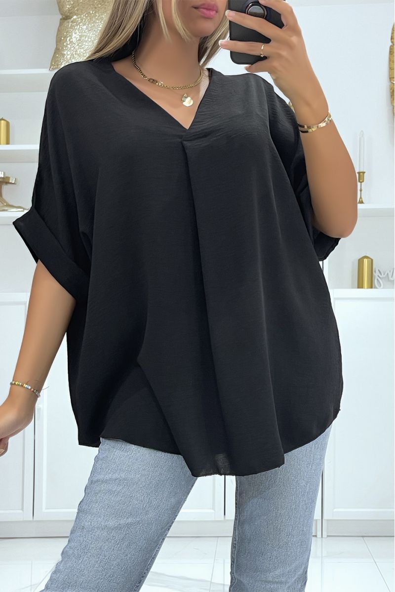 Solid color black oversized top with V-neck and batwing effect sleeves - 3