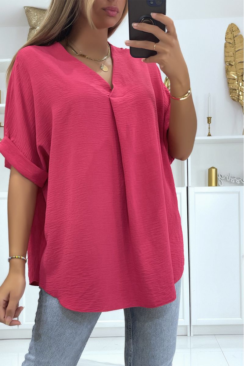 Solid color fuchsia oversized top with V-neck and batwing effect sleeves - 2