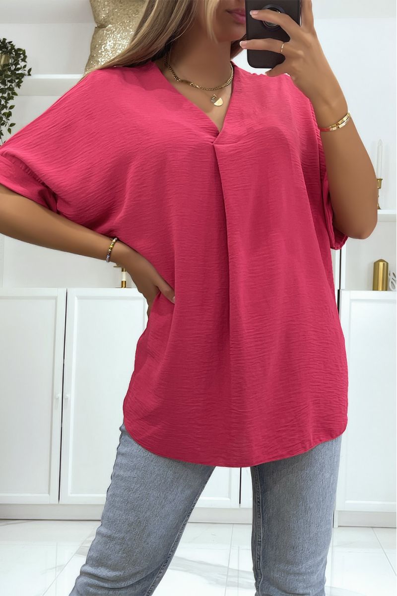 Solid color fuchsia oversized top with V-neck and batwing effect sleeves - 3