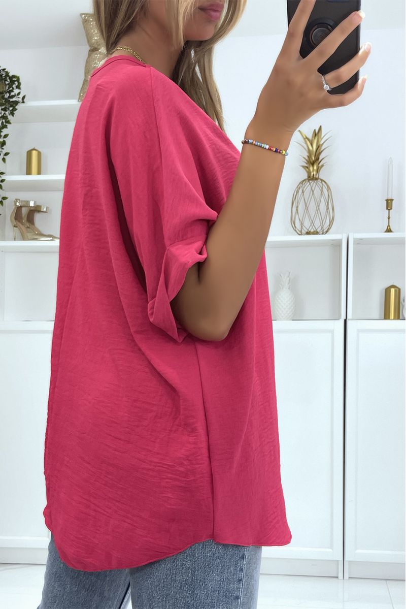 Solid color fuchsia oversized top with V-neck and batwing effect sleeves - 4