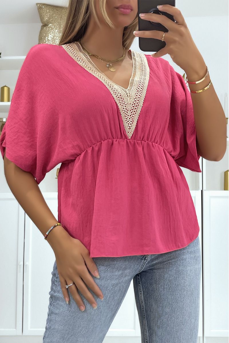 Fuchsia top with golden thread details, oriental style, elastic at the waist  - 1