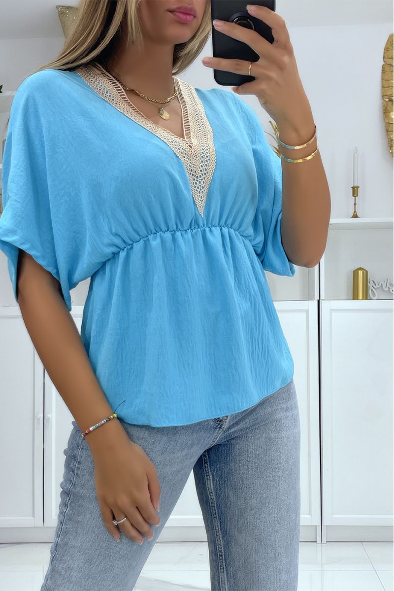 Turquoise top with golden thread details, oriental style, elastic at the waist  - 2
