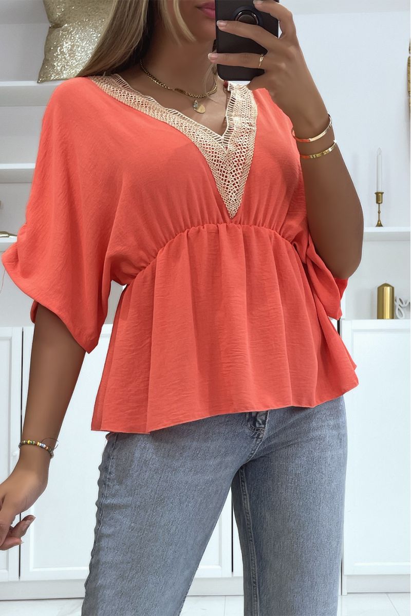 Coral top with golden thread details, oriental style, elastic at the waist  - 1