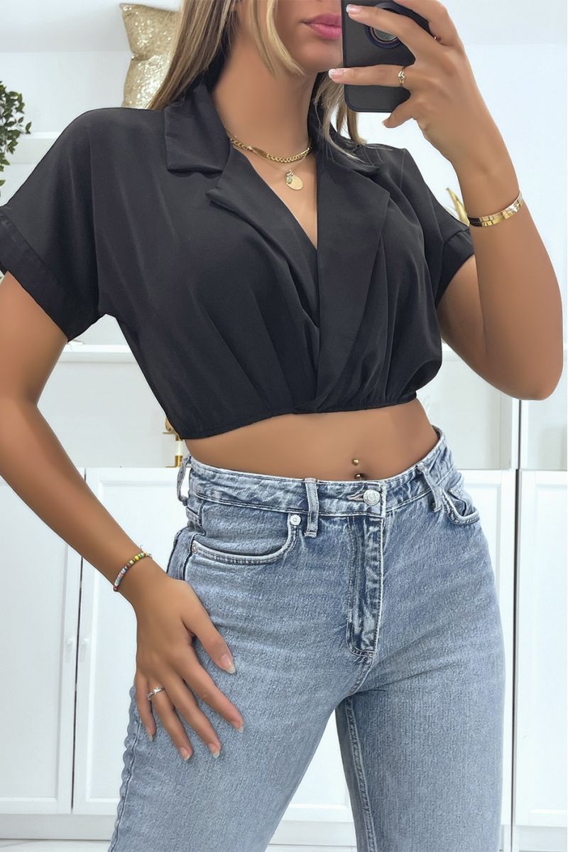 Black heart crop top blouse with lapel collar and plunging V-neck - 1