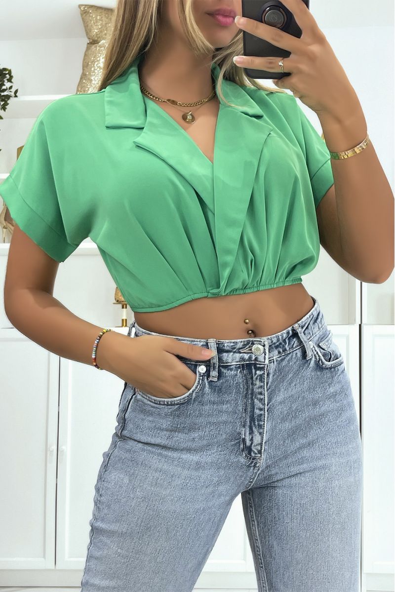 Green crop top wrap blouse with lapel collar and plunging V-neck - 1