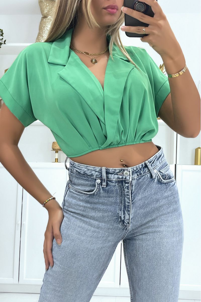 Green crop top wrap blouse with lapel collar and plunging V-neck - 2