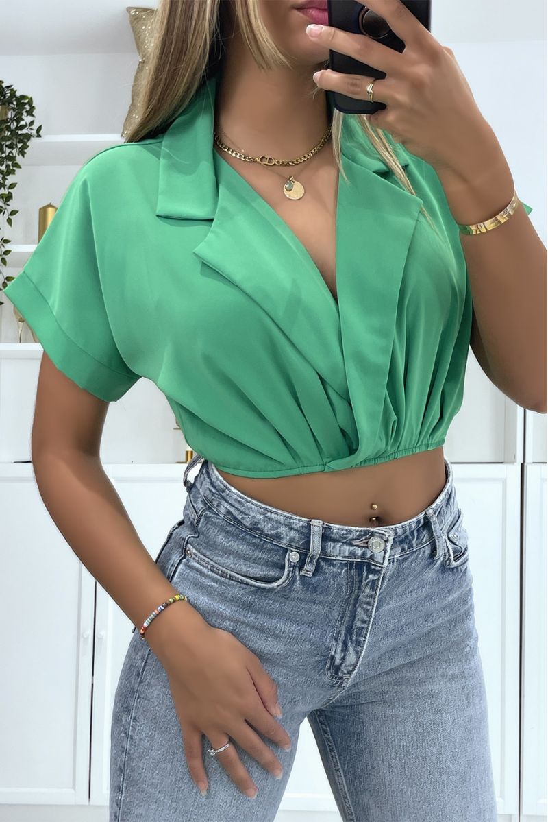 Green crop top wrap blouse with lapel collar and plunging V-neck - 3