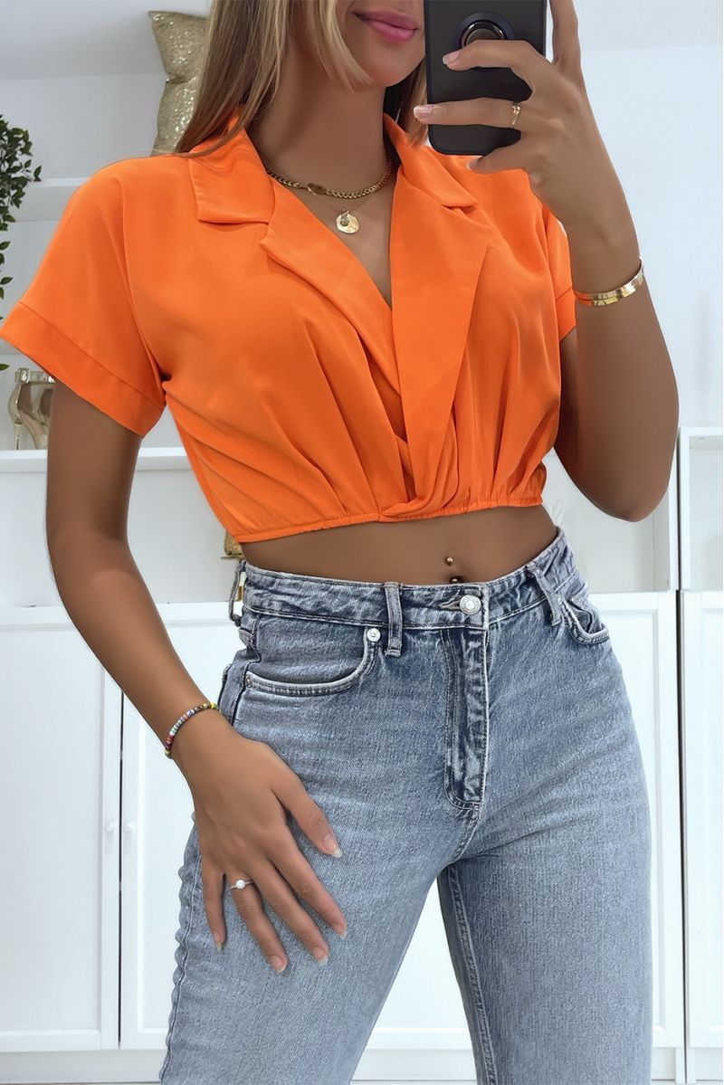 Orange wrap crop top blouse with lapel collar and plunging V-neck - 1