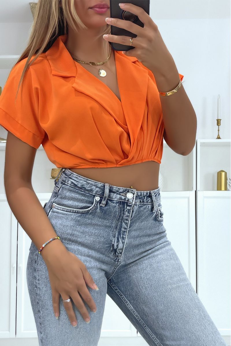 Orange wrap crop top blouse with lapel collar and plunging V-neck - 2