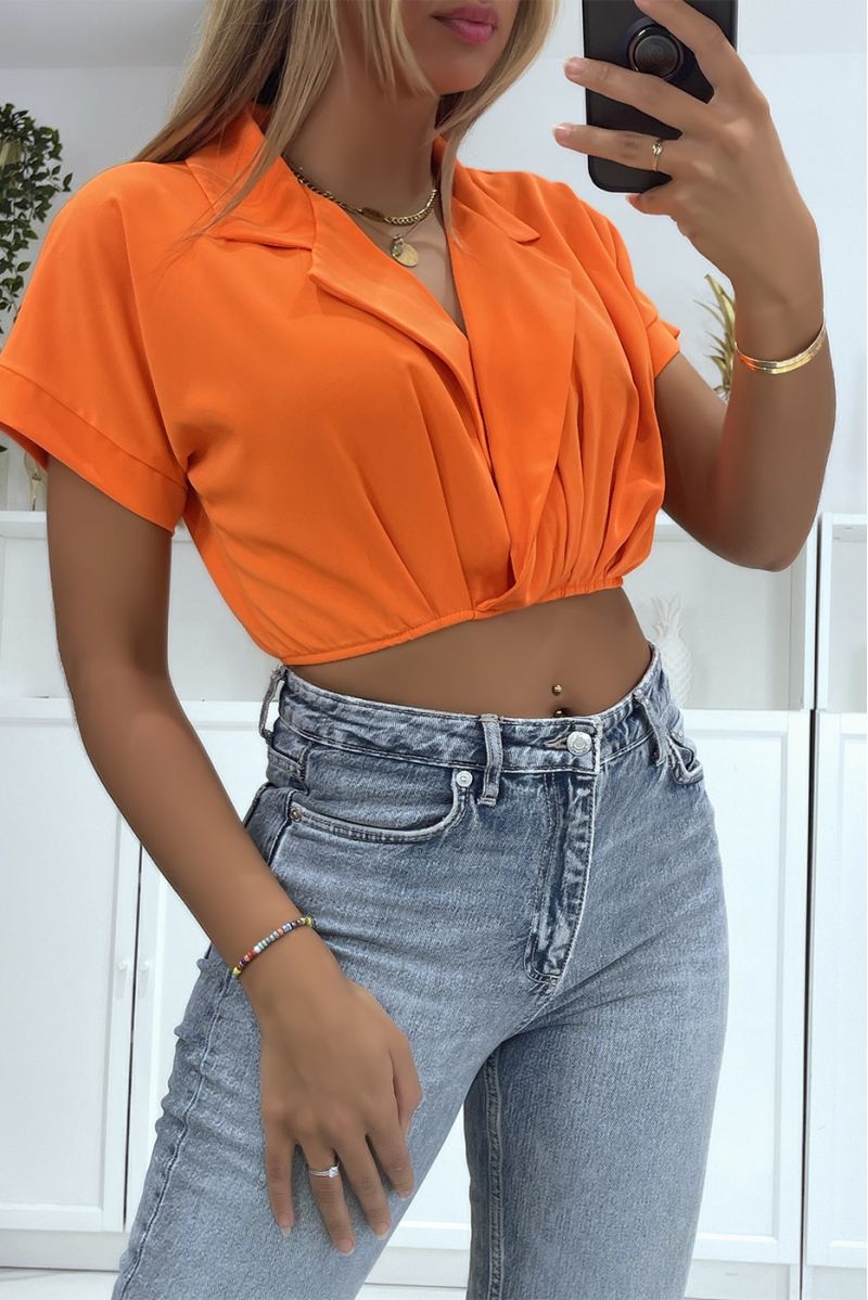 Orange wrap crop top blouse with lapel collar and plunging V-neck - 3