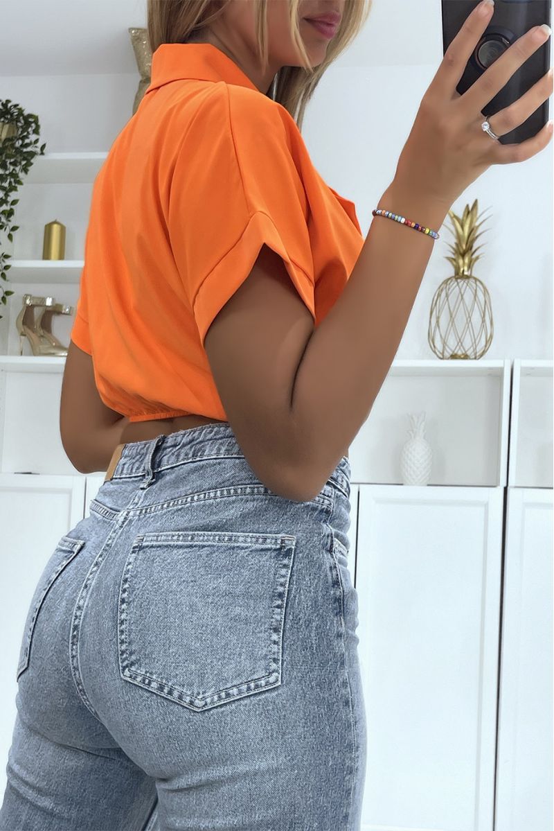 Orange wrap crop top blouse with lapel collar and plunging V-neck - 4