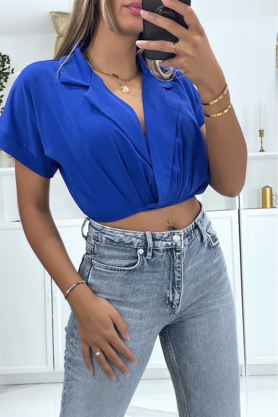 Royal wrap crop top blouse with lapel collar and plunging V-neck