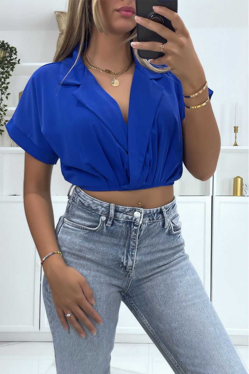 Royal wrap crop top blouse with lapel collar and plunging V-neck - 2