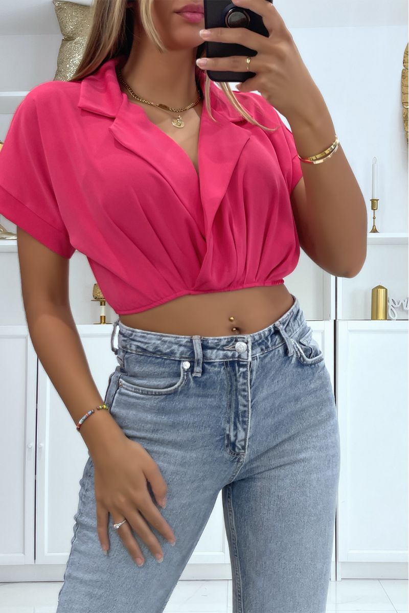 Fuchsia crop top wrap blouse with lapel collar and plunging V-neck - 1
