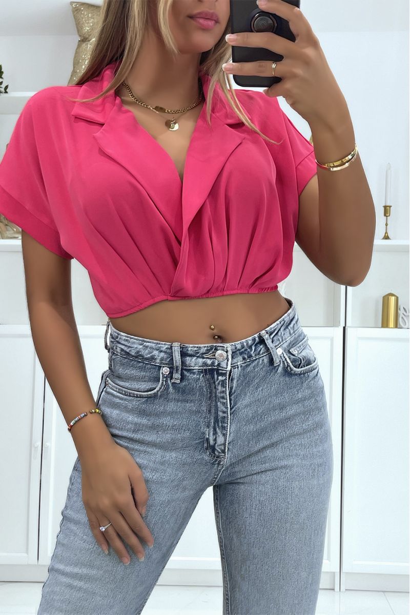 Fuchsia crop top wrap blouse with lapel collar and plunging V-neck - 2