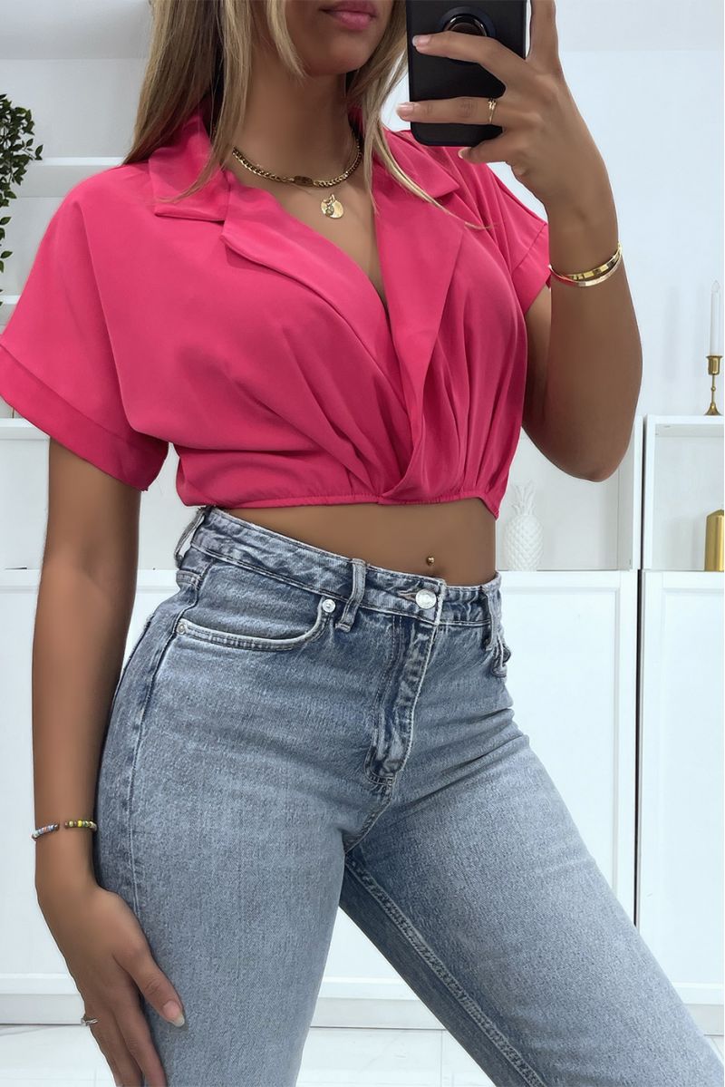 Fuchsia crop top wrap blouse with lapel collar and plunging V-neck - 3