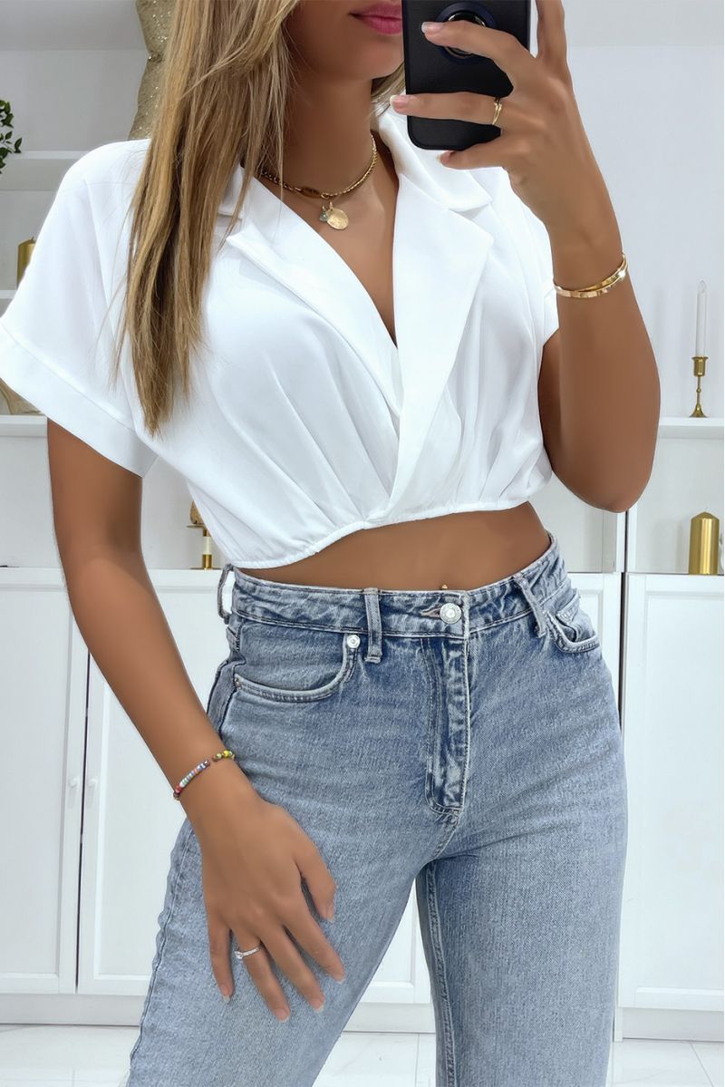 White crop top wrap blouse with lapel collar and plunging V-neck - 1