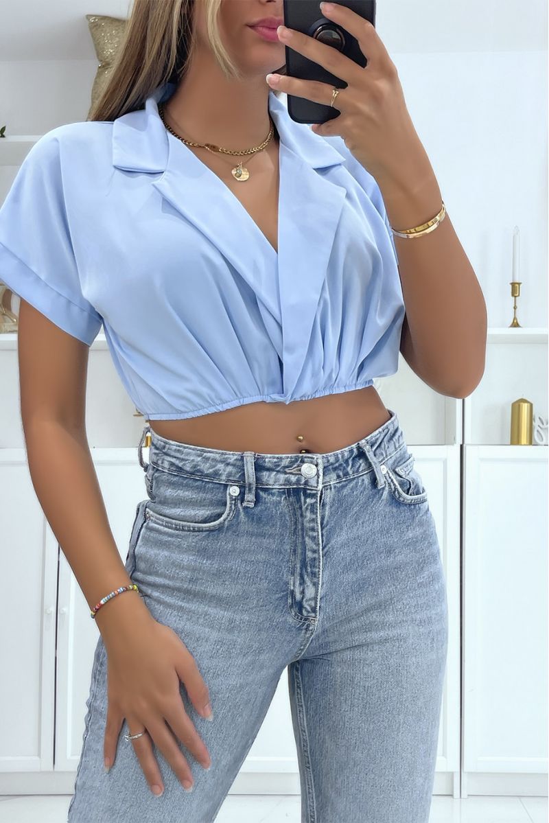 Turquoise crossover crop top blouse with lapel collar and plunging V-neck - 1