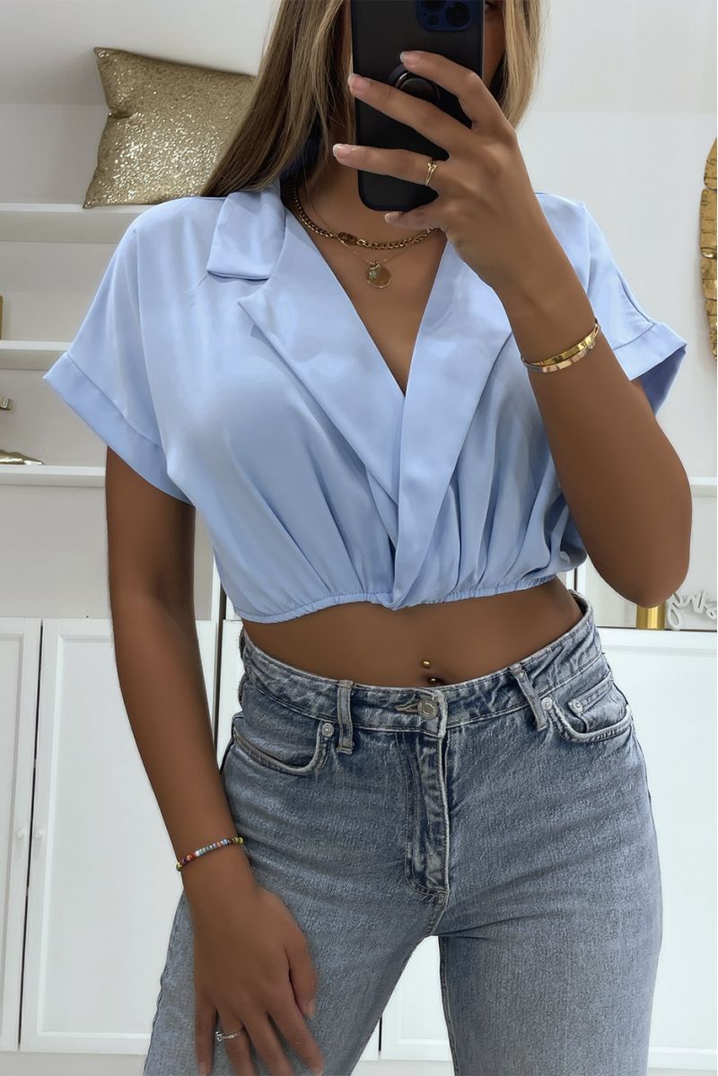 Turquoise crossover crop top blouse with lapel collar and plunging V-neck - 2