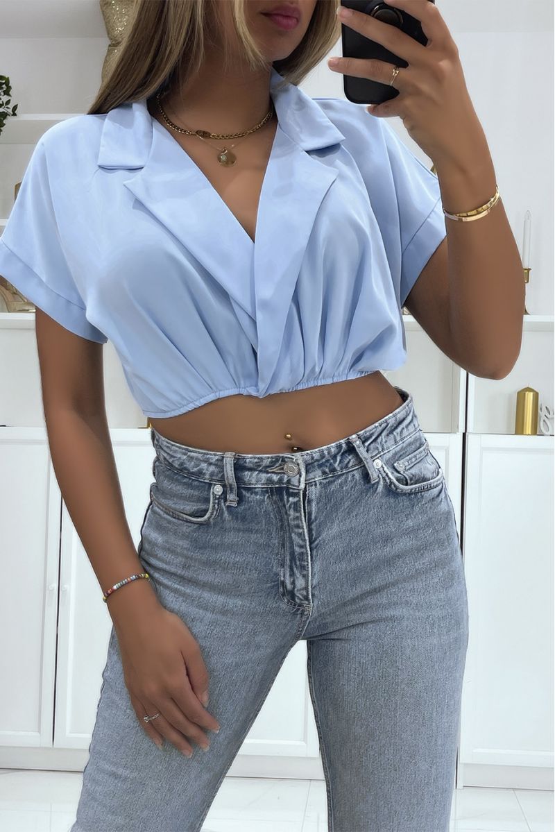 Turquoise crossover crop top blouse with lapel collar and plunging V-neck - 3