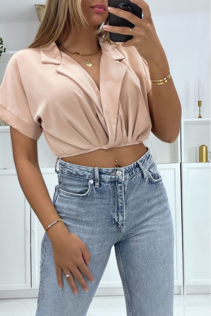 Pink crop top wrap blouse with lapel collar and plunging V-neck - 1