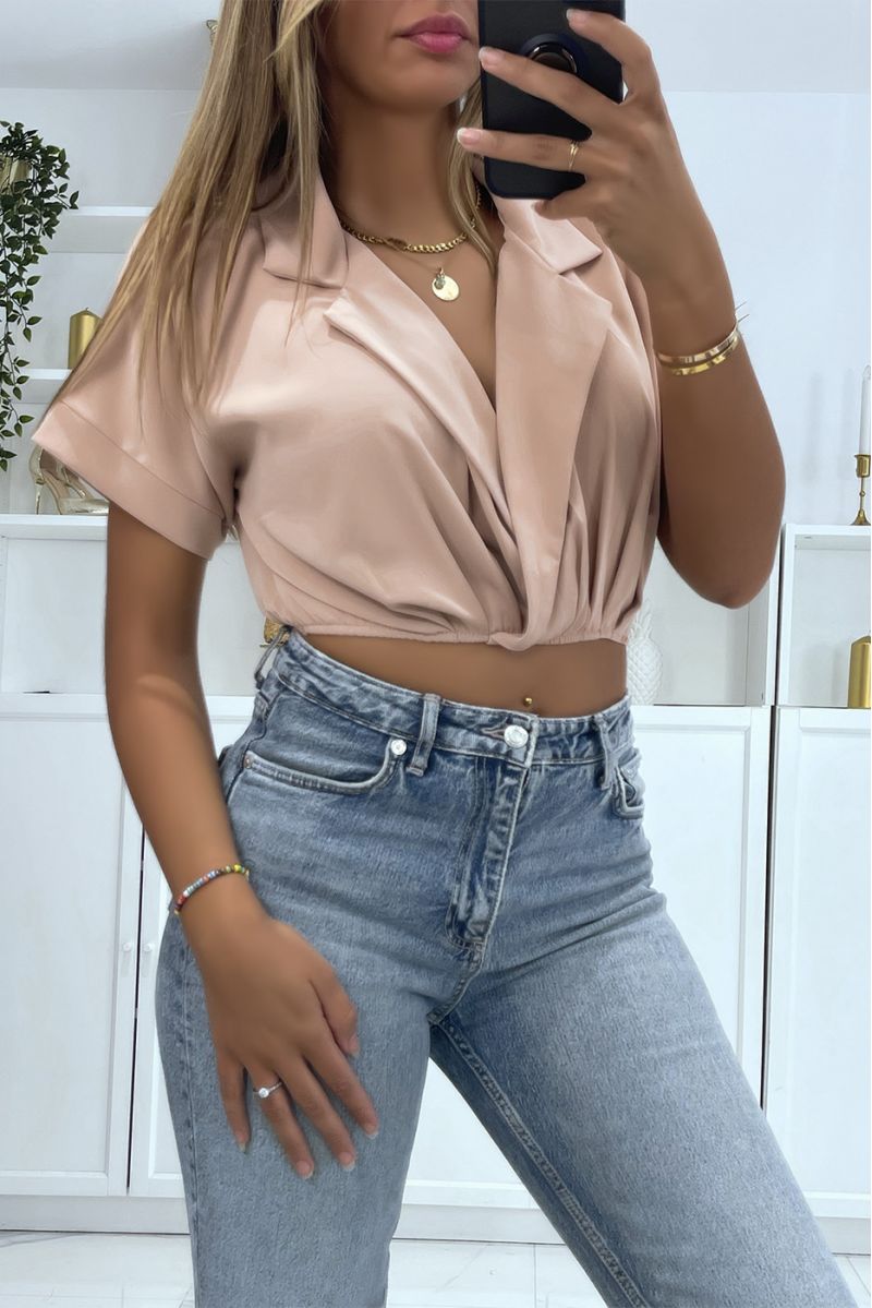 Pink crop top wrap blouse with lapel collar and plunging V-neck - 2