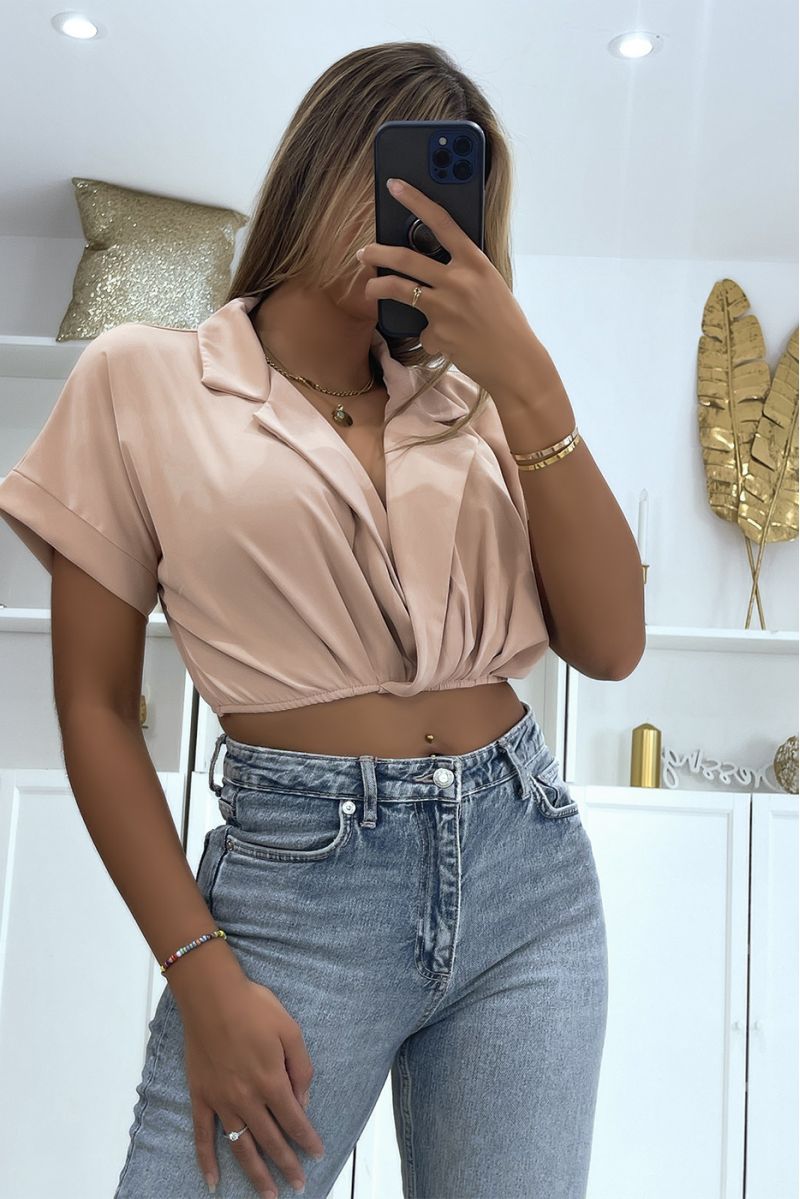 Pink crop top wrap blouse with lapel collar and plunging V-neck - 3