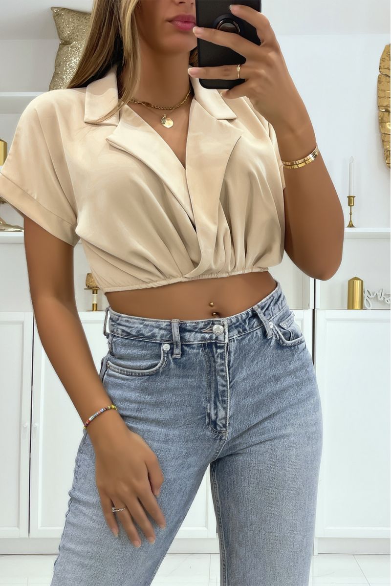 Beige wrap crop top blouse with lapel collar and plunging V-neck - 1