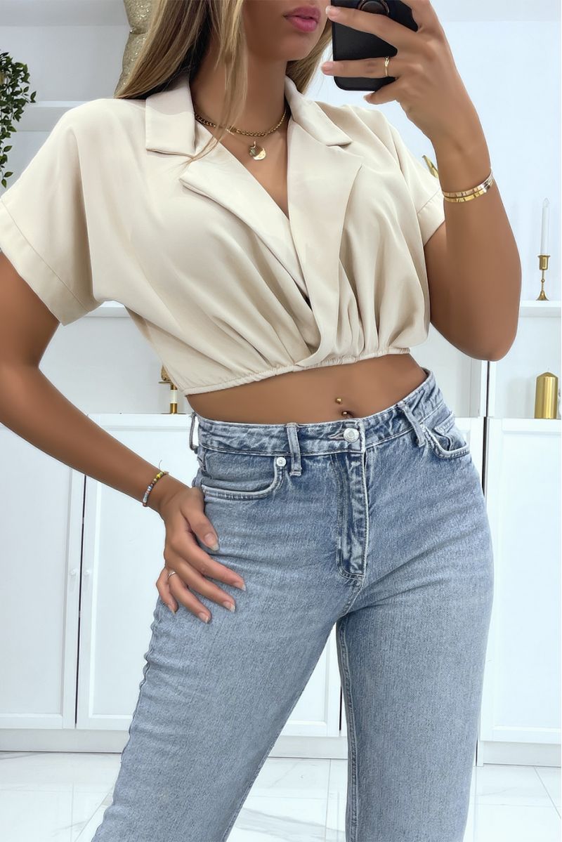 Beige wrap crop top blouse with lapel collar and plunging V-neck - 2
