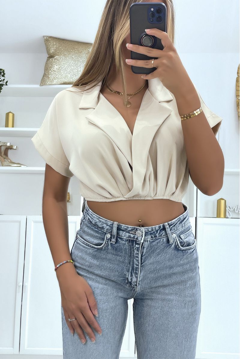 Beige wrap crop top blouse with lapel collar and plunging V-neck - 3