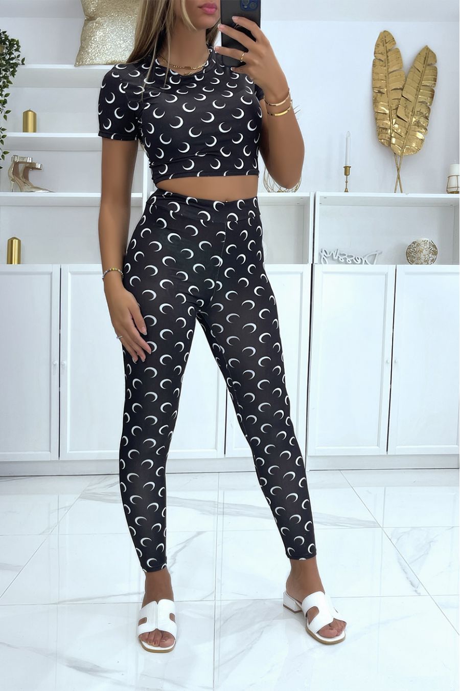 Luxury-inspired black crop top and leggings set with pretty crescent moon  patterns