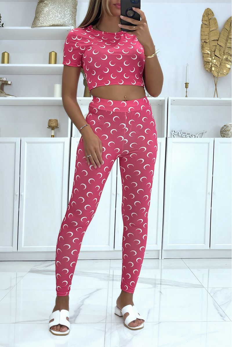 Luxury-inspired fuchsia crop top and leggings set with pretty crescent moon patterns - 1